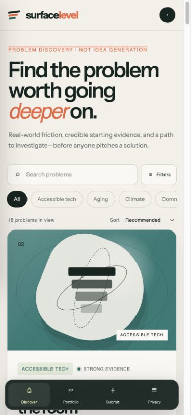 Surface Level mobile discovery screen